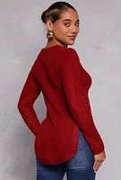 Womens Waffle Knit V Neck Caged Side Sweater, Red,