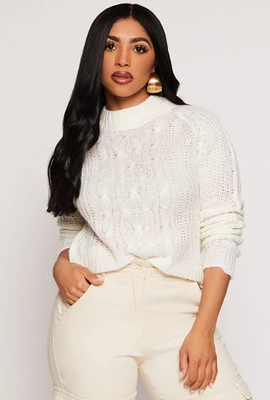 Womens Cable Knit Mock Neck Sweater, White, Size S