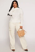 Womens Cable Knit Mock Neck Sweater, White, Size L