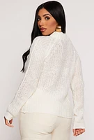 Womens Cable Knit Mock Neck Sweater, White, Size S