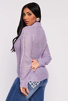 Womens Cable Knit Mock Neck Sweater, Purple,