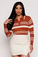 Womens Ribbed Knit Striped Long Sleeve Top, Brown, Size M