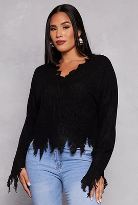 Womens Distressed Knit V Neck Sweater, S