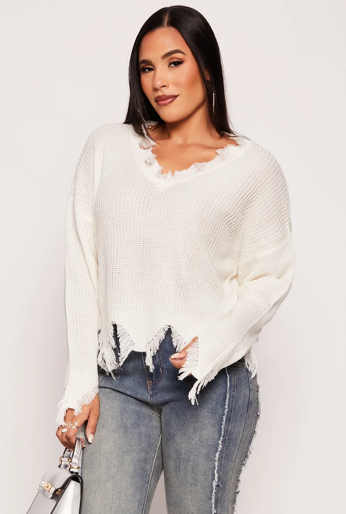 Womens Distressed Knit V Neck Sweater, White, Size S