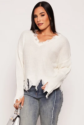 Womens Distressed Knit V Neck Sweater, White, Size S