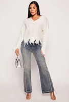 Womens Distressed Knit V Neck Sweater, White, Size S