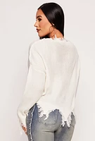 Womens Distressed Knit V Neck Sweater, White, Size S