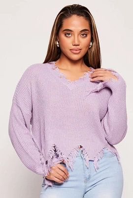 Womens Distressed Knit V Neck Sweater, Purple, Size S