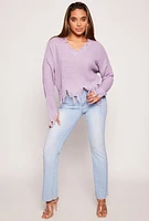 Womens Distressed Knit V Neck Sweater, Purple, Size S