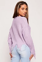 Womens Distressed Knit V Neck Sweater, Purple, Size S