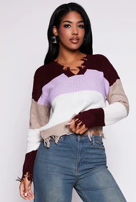 Womens Distressed Hem Color Block Sweater, Multi, Size S