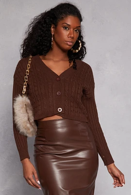 Womens Cable Knit Cropped Cardigan, Brown, Size L