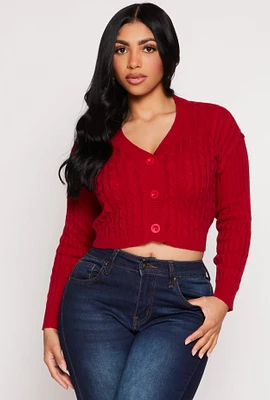 Womens Cable Knit Cropped Cardigan, Red, Size S