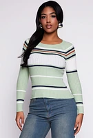 Womens Ribbed Knit Striped Sweater, Green, Size S