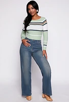 Womens Ribbed Knit Striped Sweater, Green, Size S