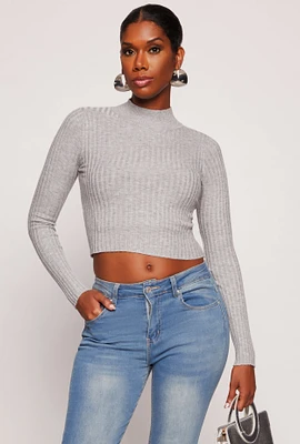 Womens Ribbed Knit Mock Neck Cropped Sweater, Grey, Size S