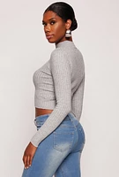 Womens Ribbed Knit Mock Neck Cropped Sweater, Grey, Size S