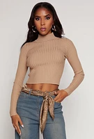 Womens Ribbed Knit Mock Neck Cropped Sweater,