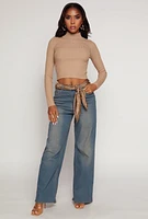Womens Ribbed Knit Mock Neck Cropped Sweater,
