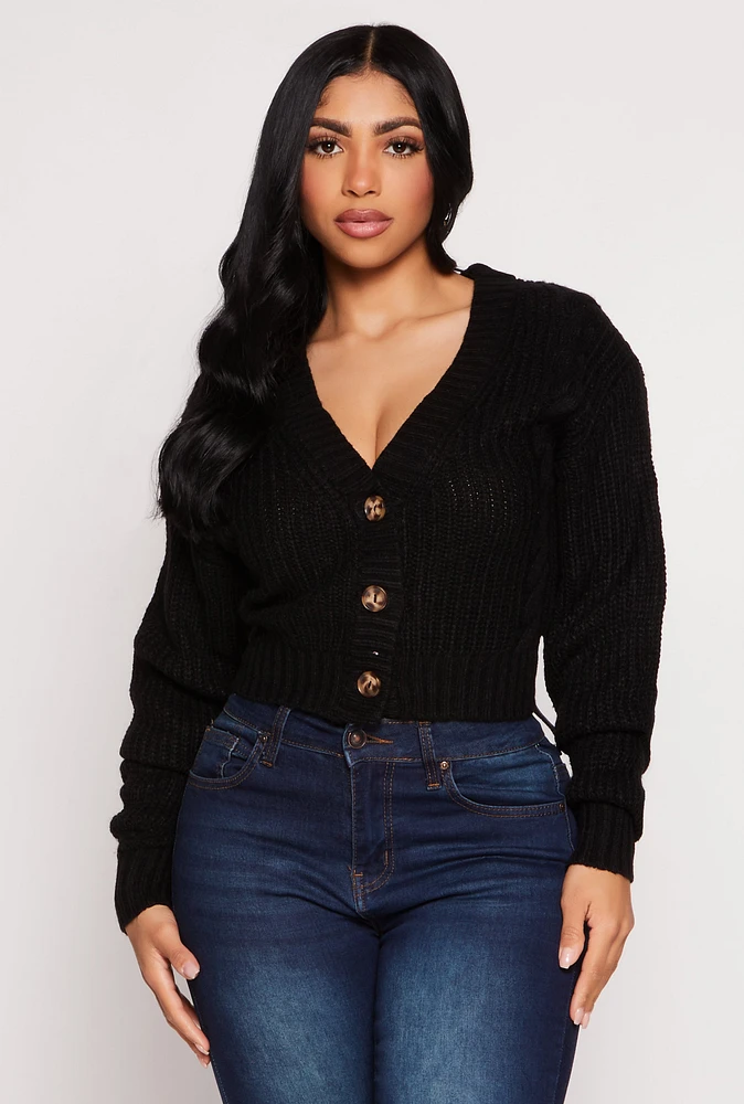 Womens Cable Knit V Neck Cropped Cardigan, Black, Size S