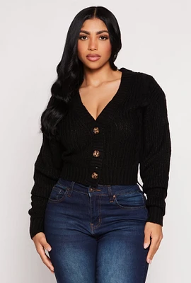 Womens Cable Knit V Neck Cropped Cardigan, Black, Size S