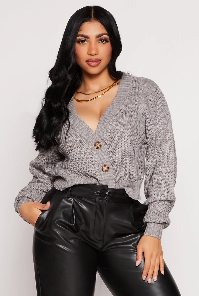 Womens Cable Knit V Neck Cropped Cardigan, Grey, Size S