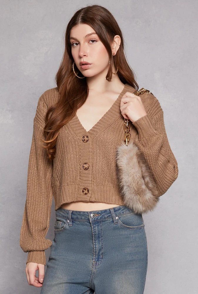 Womens Cable Knit V Neck Cropped Cardigan, Brown, Size L