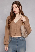 Womens Cable Knit V Neck Cropped Cardigan, Brown, Size L