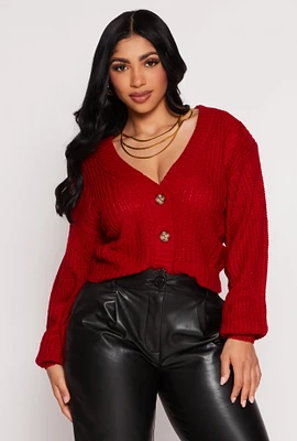 Womens Cable Knit V Neck Cropped Cardigan, Red, Size S