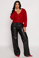 Womens Cable Knit V Neck Cropped Cardigan, Red, Size S