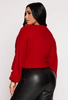 Womens Cable Knit V Neck Cropped Cardigan, Red, Size S