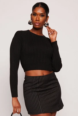 Womens Cable Knit Crew Neck Cropped Sweater, Black, Size M