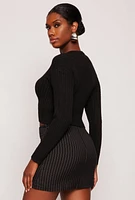 Womens Cable Knit Crew Neck Cropped Sweater, Black, Size M
