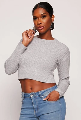 Womens Cable Knit Crew Neck Cropped Sweater,