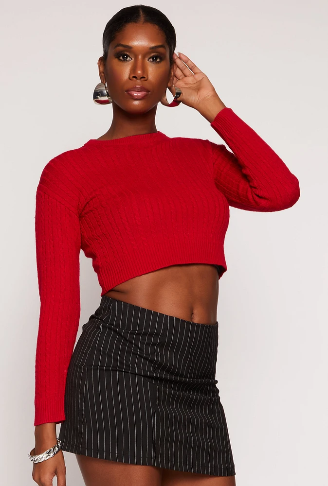 Womens Cable Knit Crew Neck Cropped Sweater, Red, Size M