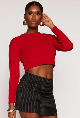 Womens Cable Knit Crew Neck Cropped Sweater, Red, Size M