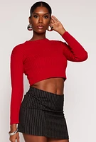 Womens Cable Knit Crew Neck Cropped Sweater, Red, Size M
