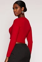 Womens Cable Knit Crew Neck Cropped Sweater, Red, Size M
