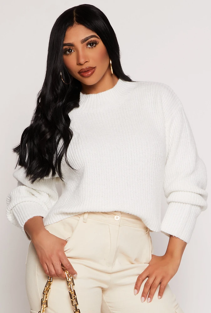 Womens Ribbed Knit Mock Neck Pullover Sweater, White, Size S