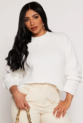 Womens Ribbed Knit Mock Neck Pullover Sweater, White, Size M