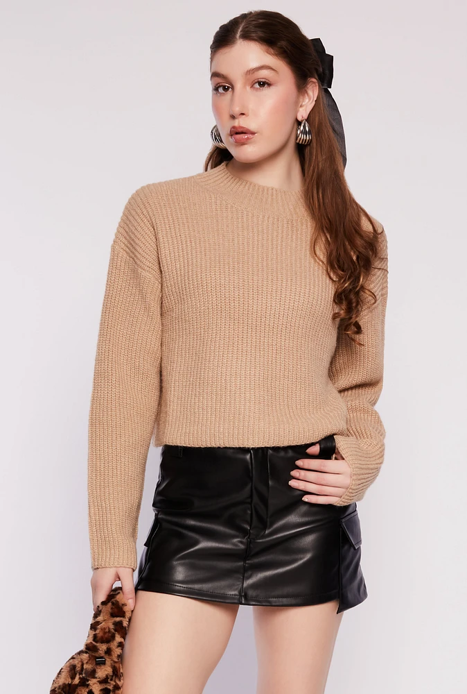 Womens Ribbed Knit Mock Neck Pullover Sweater, Beige, Size L