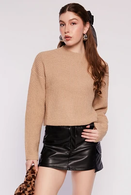 Womens Ribbed Knit Mock Neck Pullover Sweater, Beige, Size L