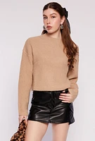 Womens Ribbed Knit Mock Neck Pullover Sweater, Beige, Size L