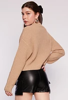 Womens Ribbed Knit Mock Neck Pullover Sweater, Beige, Size L