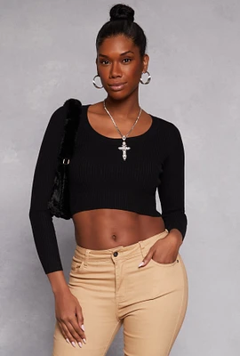 Womens Rib Knit Scoop Neck Long Sleeve Crop Top, Black, Size S
