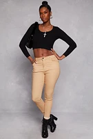 Womens Rib Knit Scoop Neck Long Sleeve Crop Top, Black, Size S