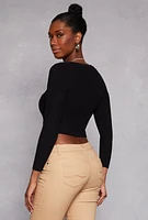 Womens Rib Knit Scoop Neck Long Sleeve Crop Top, Black, Size S