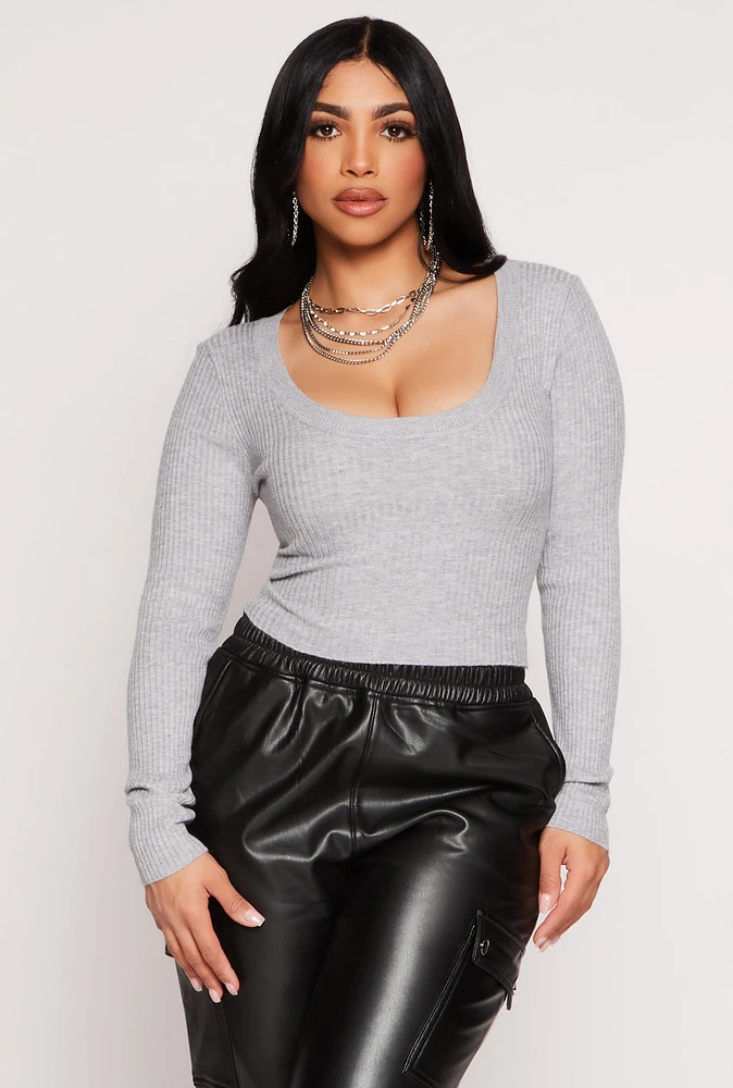 Womens Rib Knit Scoop Neck Long Sleeve Crop Top, Grey, Size S