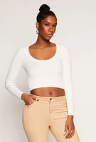 Womens Rib Knit Scoop Neck Long Sleeve Crop Top, White, Size S