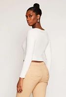 Womens Rib Knit Scoop Neck Long Sleeve Crop Top, White, Size S